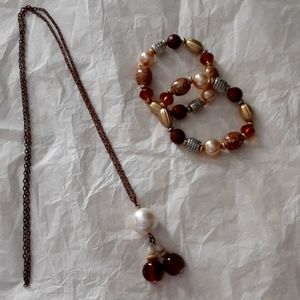 Necklace & Bracelet. Pearl, brown, tan, gold, silver color beads. *meas on pix*